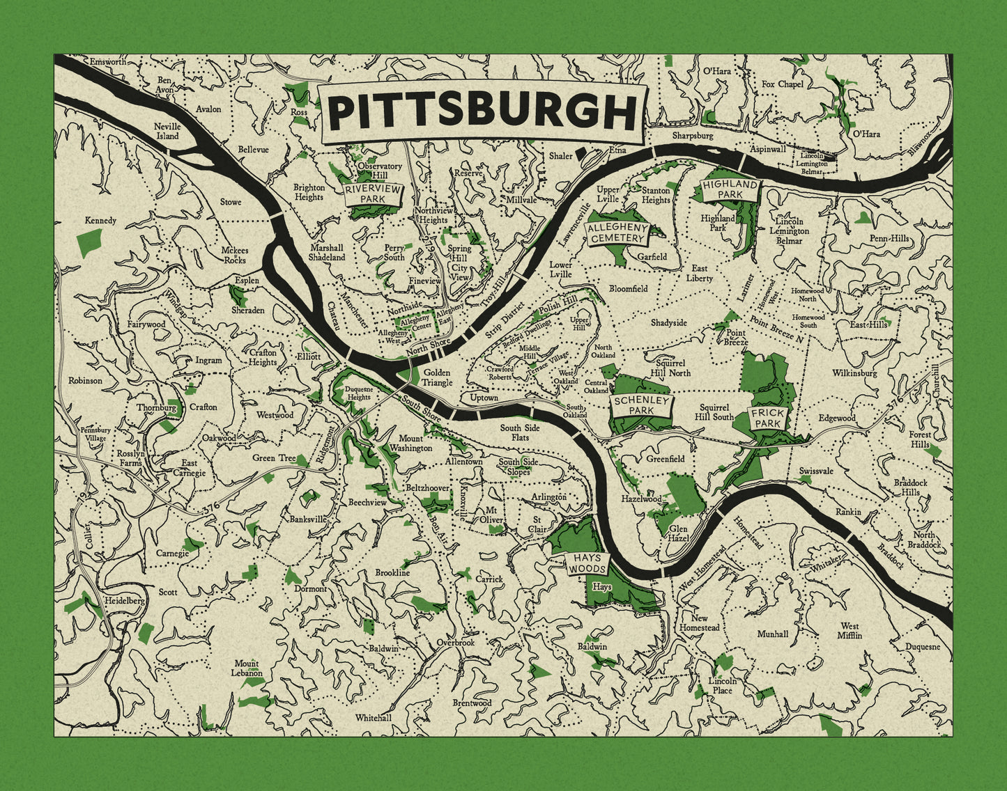 Pittsburgh Neighborhoods Topographic Map Poster