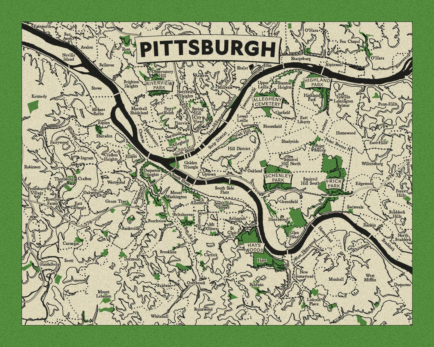 Pittsburgh Neighborhoods Topographic Map Print