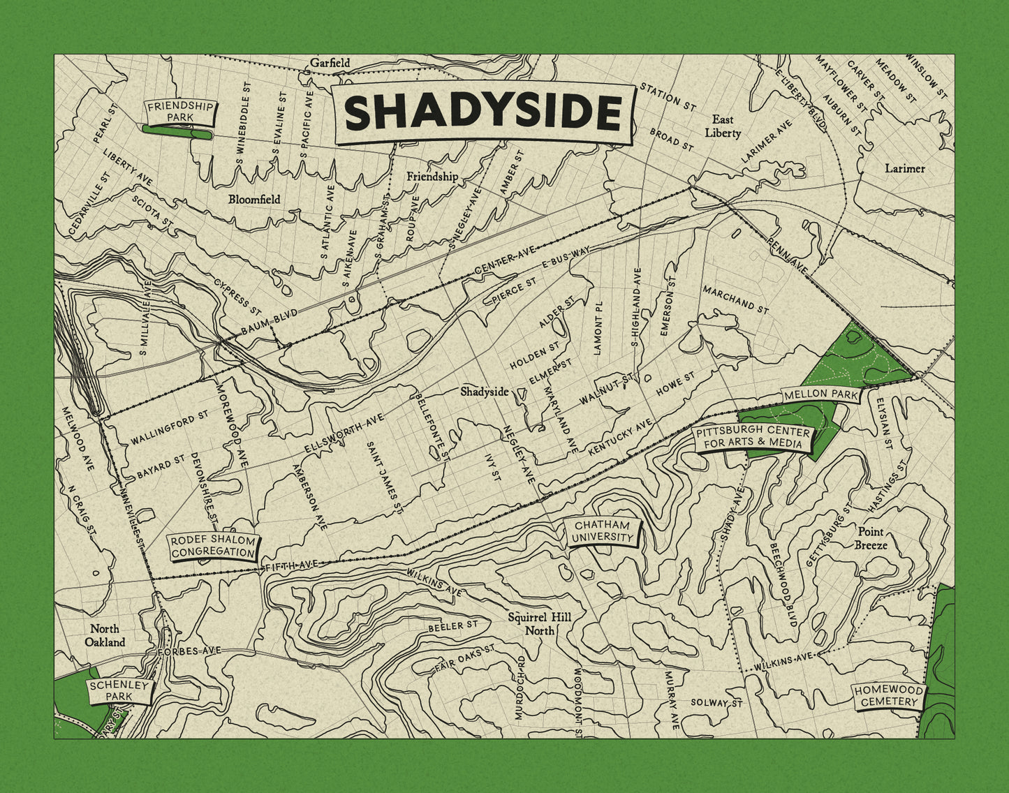 Shadyside Neighborhood Topographic Map Print