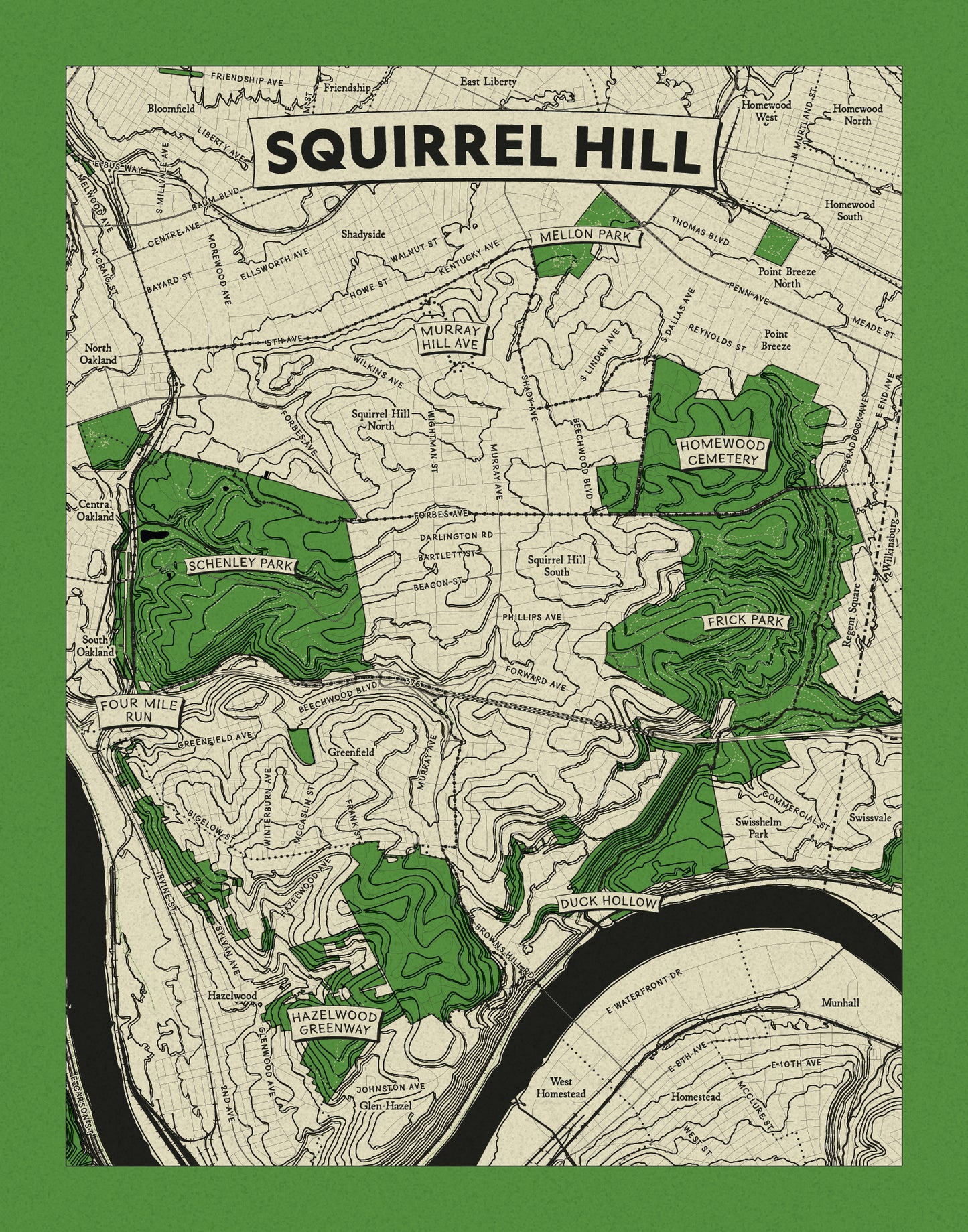 Squirrel Hill Neighborhood Topographic Map Print