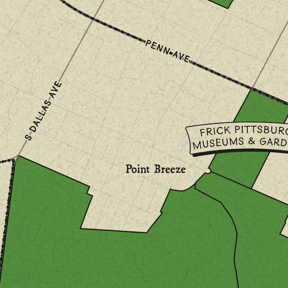 A stylized vintage map graphic showing streets including S. Dallas Ave, Penn Ave, and Point Breeze, with green land blocks and a label reading 'FRICK PITTSBURGH MUSEUMS & GARDENS'.