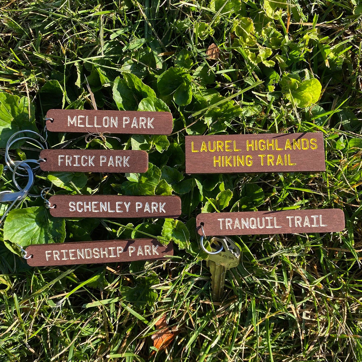 Pittsburgh Park Sign Keychains laying in the grass