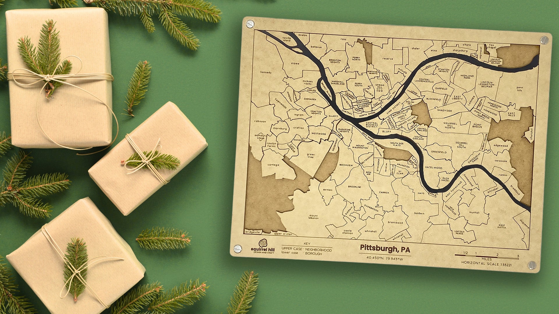 Custom Pittsburgh map art cut from FSC-certified wood.