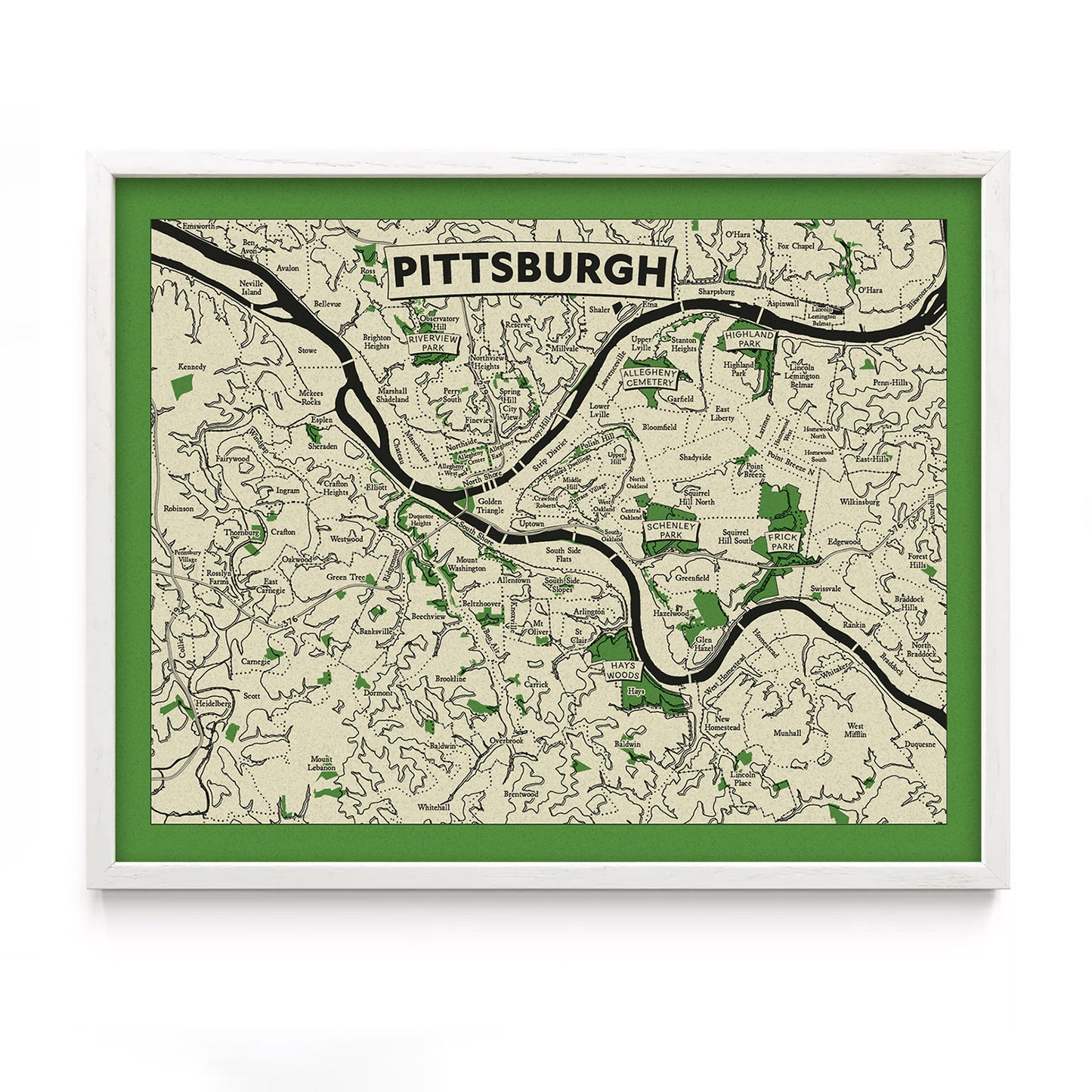 Pittsburgh Neighborhoods Topographic Map Poster