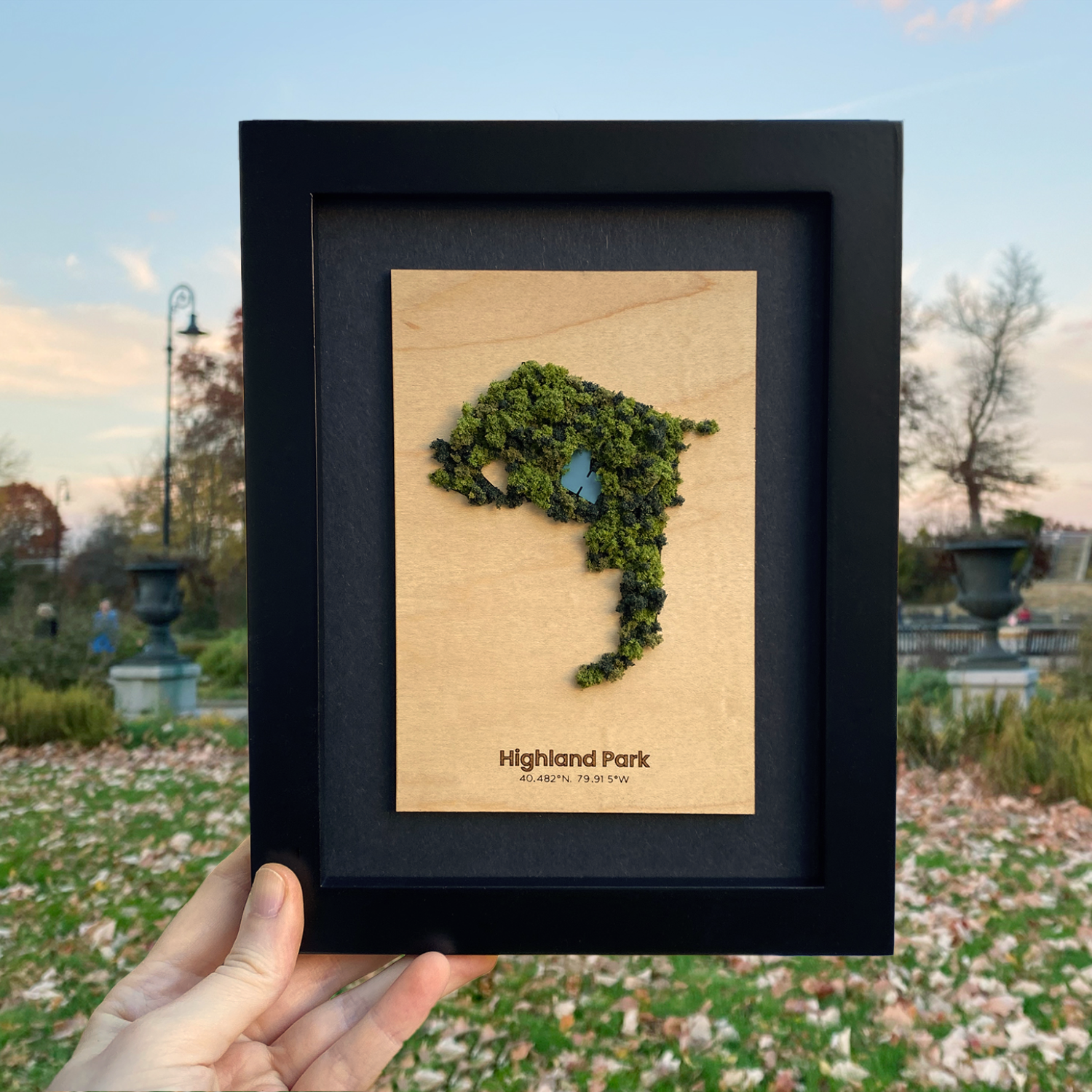 Handcrafted wood map of Highland Park made locally in Pittsburgh by LGBTQ woman owned small business. Local art that makes a perfect gift for office decor.