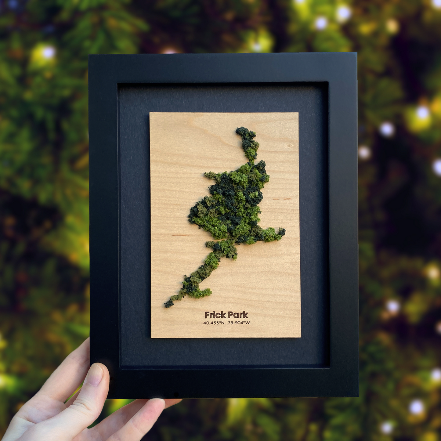 Handcrafted wood map of Frick Park made locally in Pittsburgh by LGBTQ woman owned small business