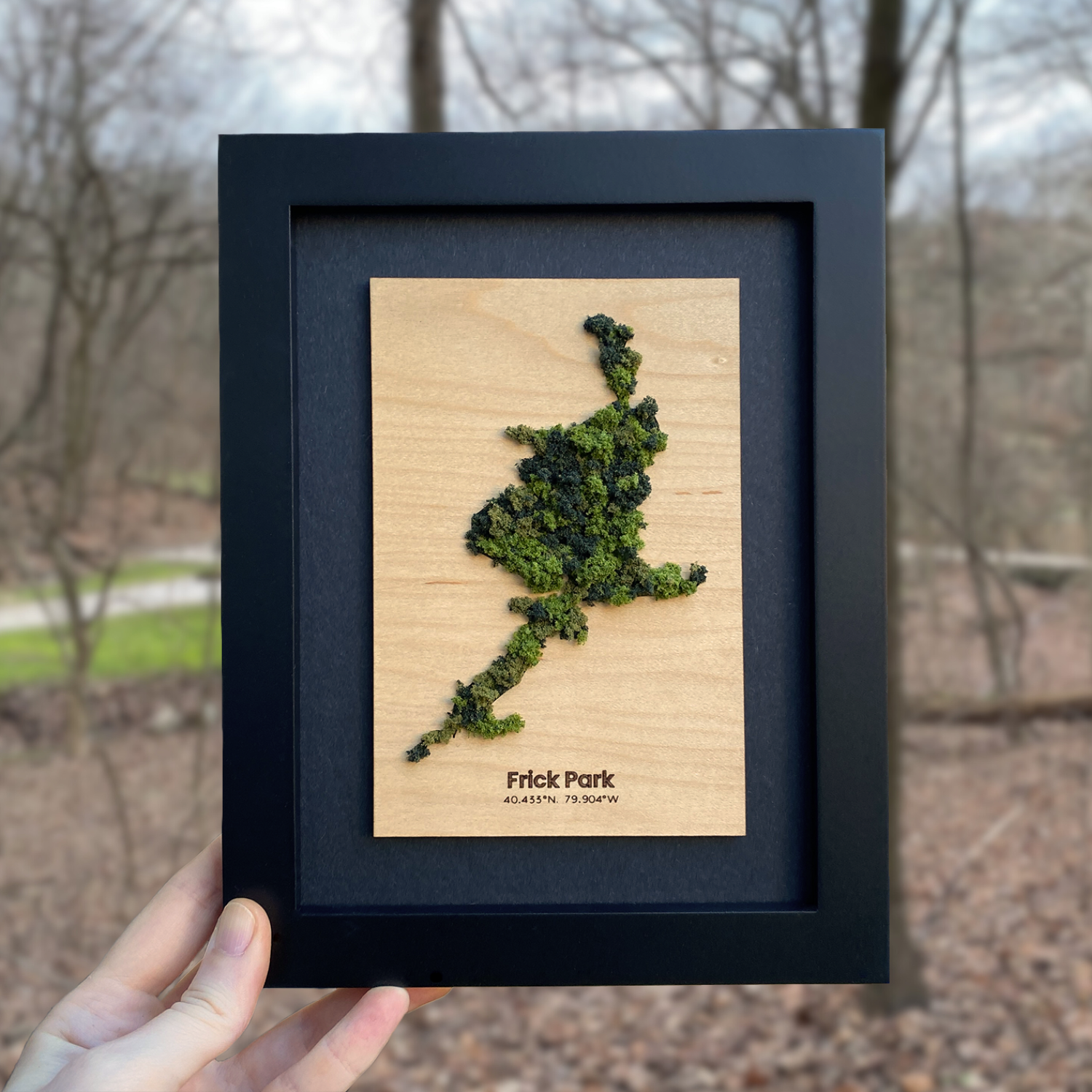 Handcrafted wood map of Frick Park made locally in Pittsburgh by LGBTQ woman owned small business. Local art that makes a perfect gift for office decor.