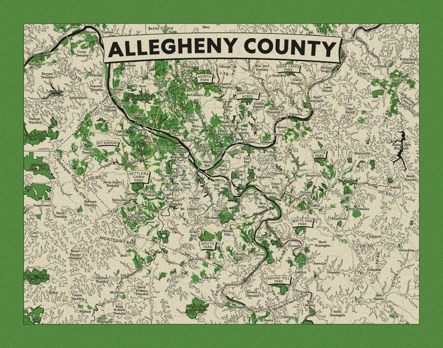 Allegheny County, PA Topographic Map Art Print