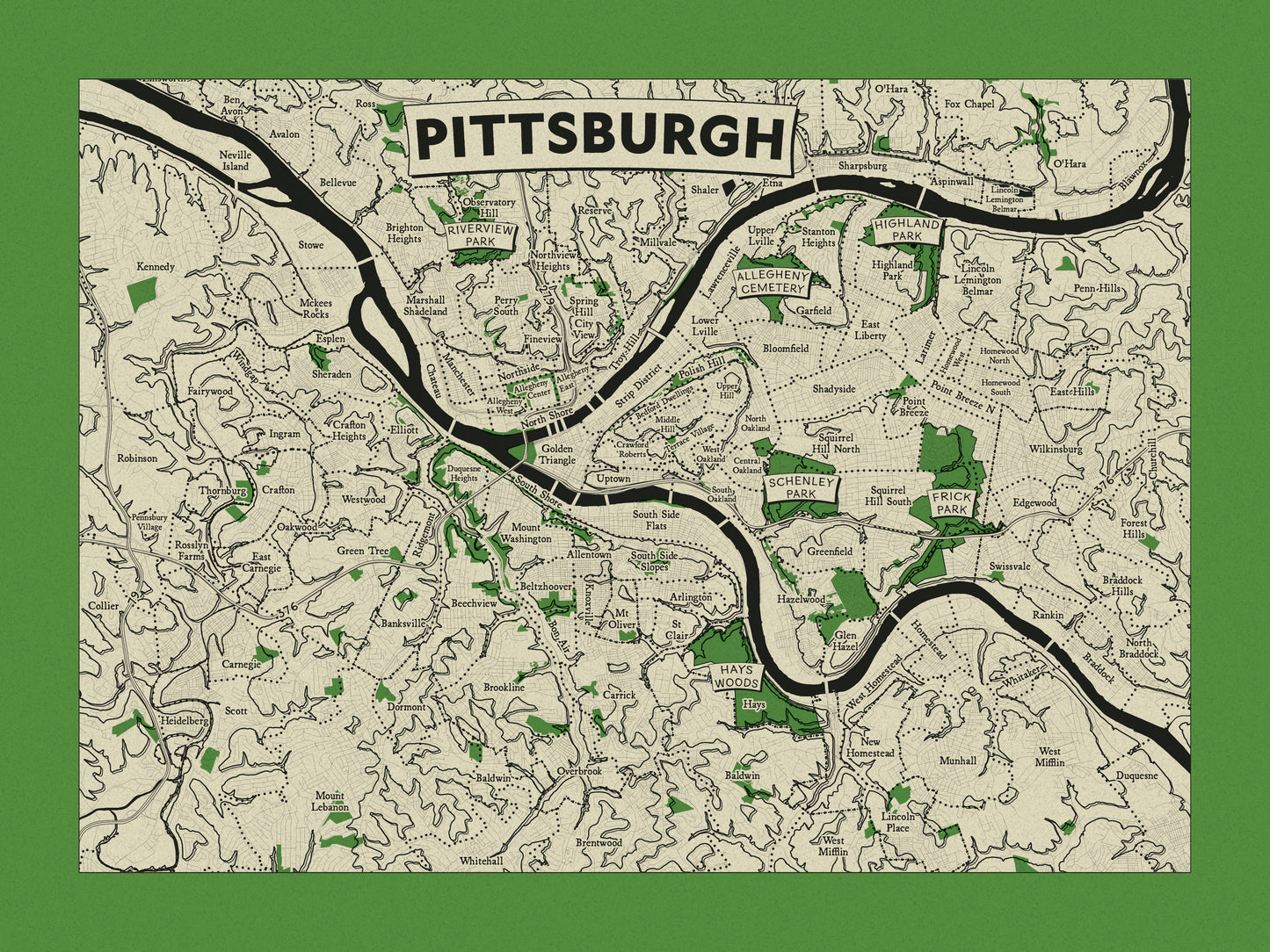 Pittsburgh Neighborhoods Topographic Map Print