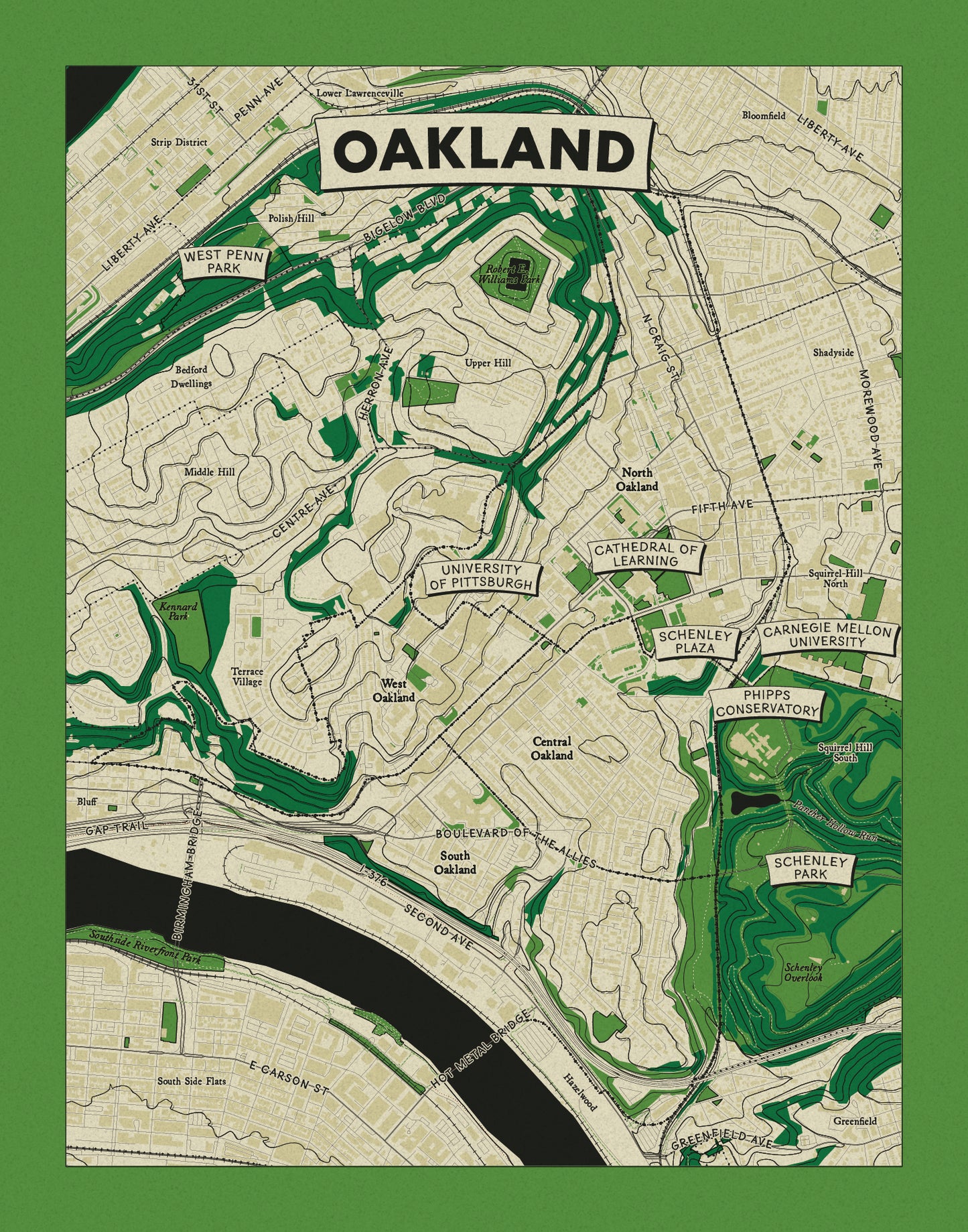 Oakland, Pittsburgh Topographic Map Art Print