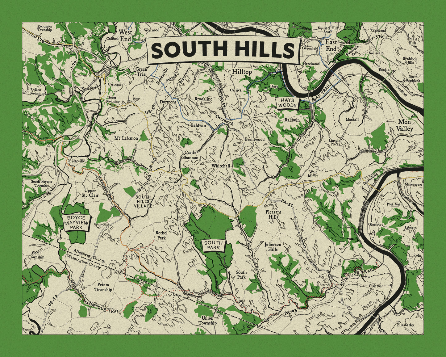 South Hills Topographic Map Print