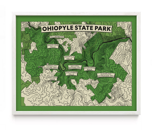 Map of Ohiopyle State Park with green and white colors on a white background