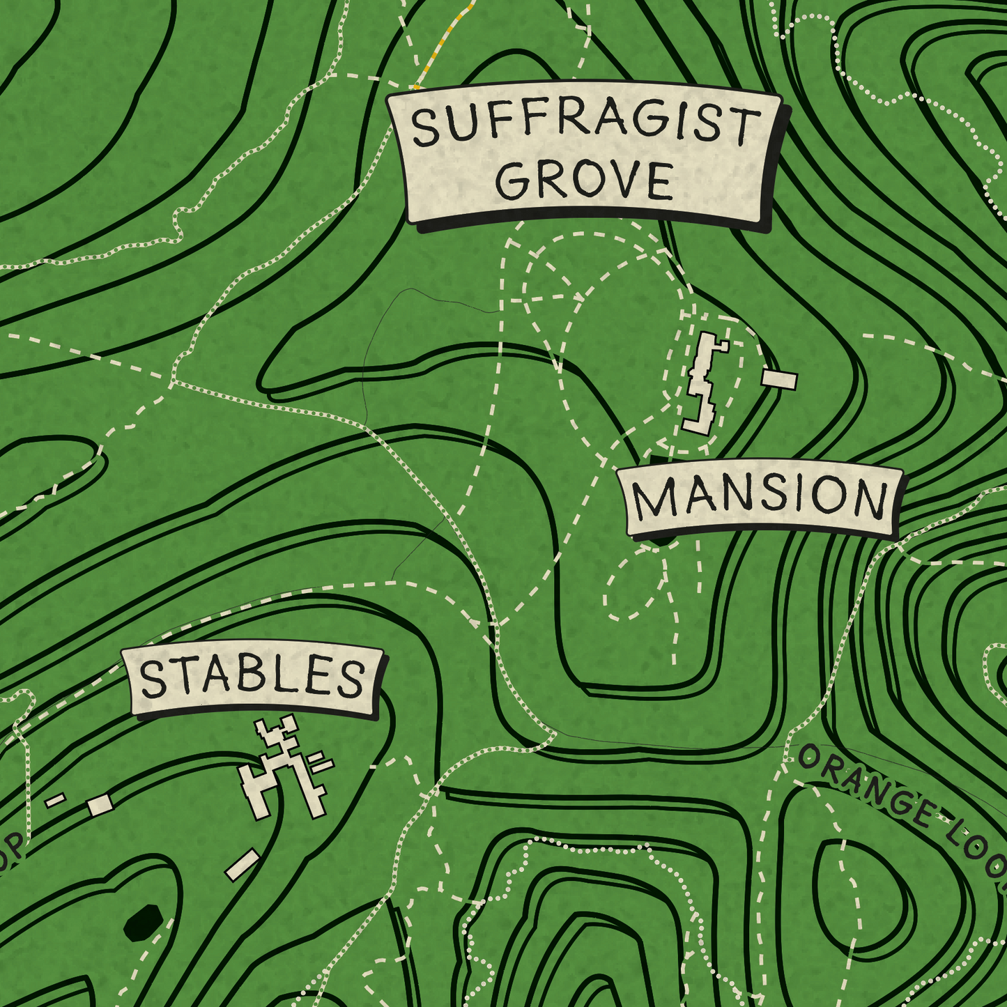 A stylized illustrated map showing labeled locations including Suffragist Grove, Mansion, Stables, and Orange Loop on a green topographic background with contour lines and dotted paths.