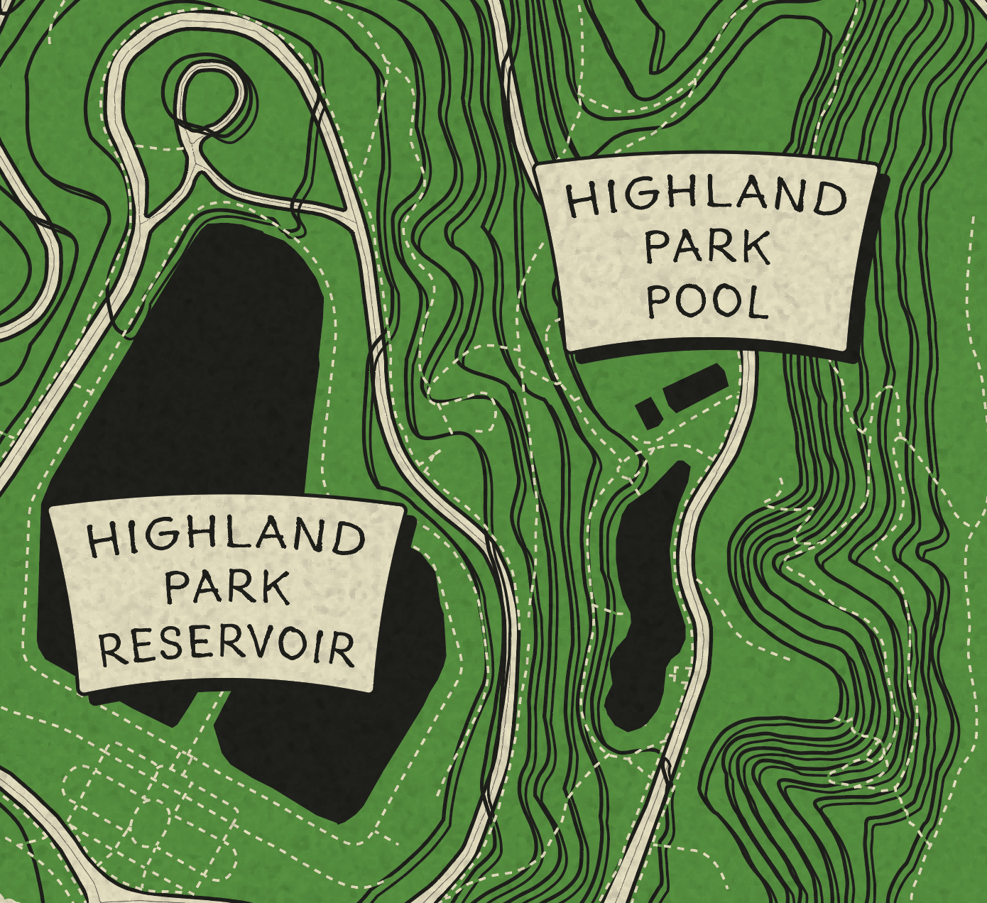 A stylized topographic map illustration of Highland Park Pool and Highland Park Reservoir, with green contour lines, dark black water bodies, and cream labels on a green background.