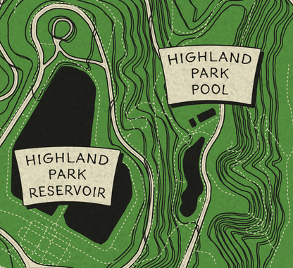 A stylized topographic map illustration of Highland Park Pool and Highland Park Reservoir, with green contour lines, dark black water bodies, and cream labels on a green background.
