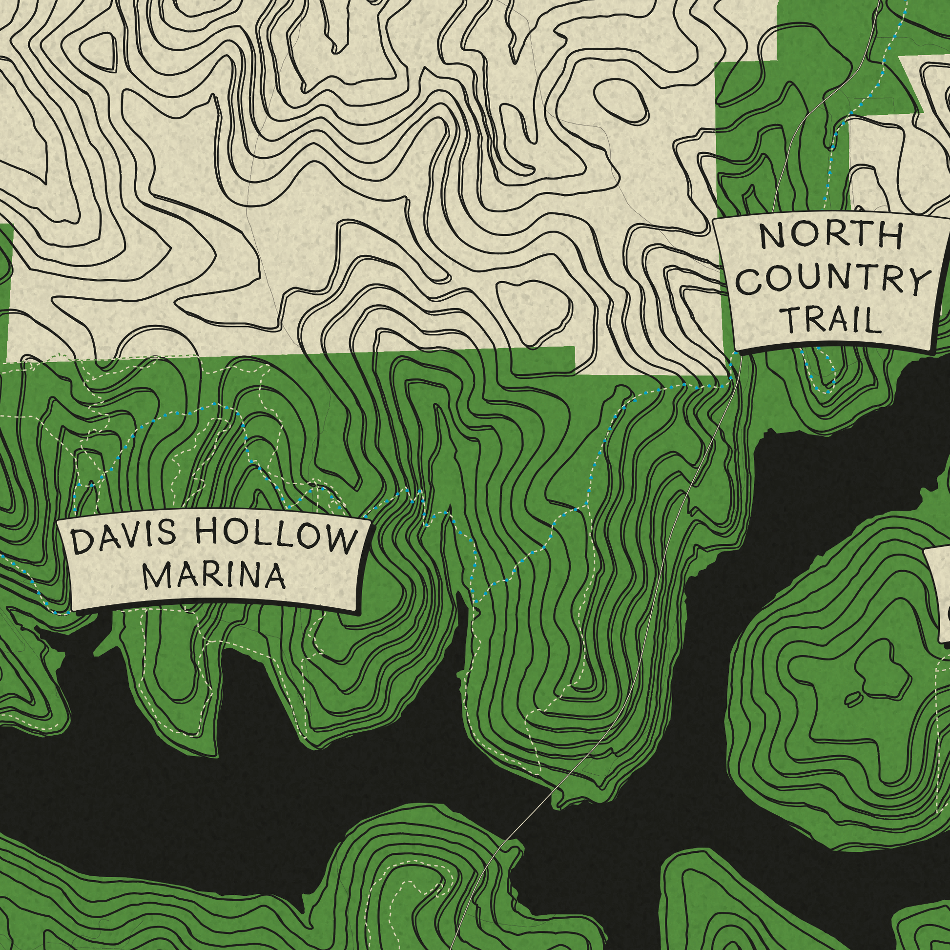 A stylized topographic map design with green land areas, black waterways, beige contour-patterned regions, and labeled paper-like signs reading 'DAVIS HOLLOW MARINA' and 'NORTH COUNTRY TRAIL'.