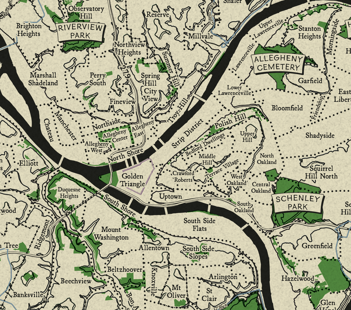 Vintage-style map print showing labeled geographic areas, roads, parks, and neighborhoods on a cream background with black linework and green shaded regions.