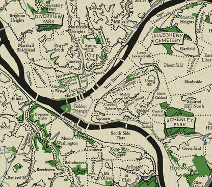 Vintage-style map print showing labeled geographic areas, roads, parks, and neighborhoods on a cream background with black linework and green shaded regions.