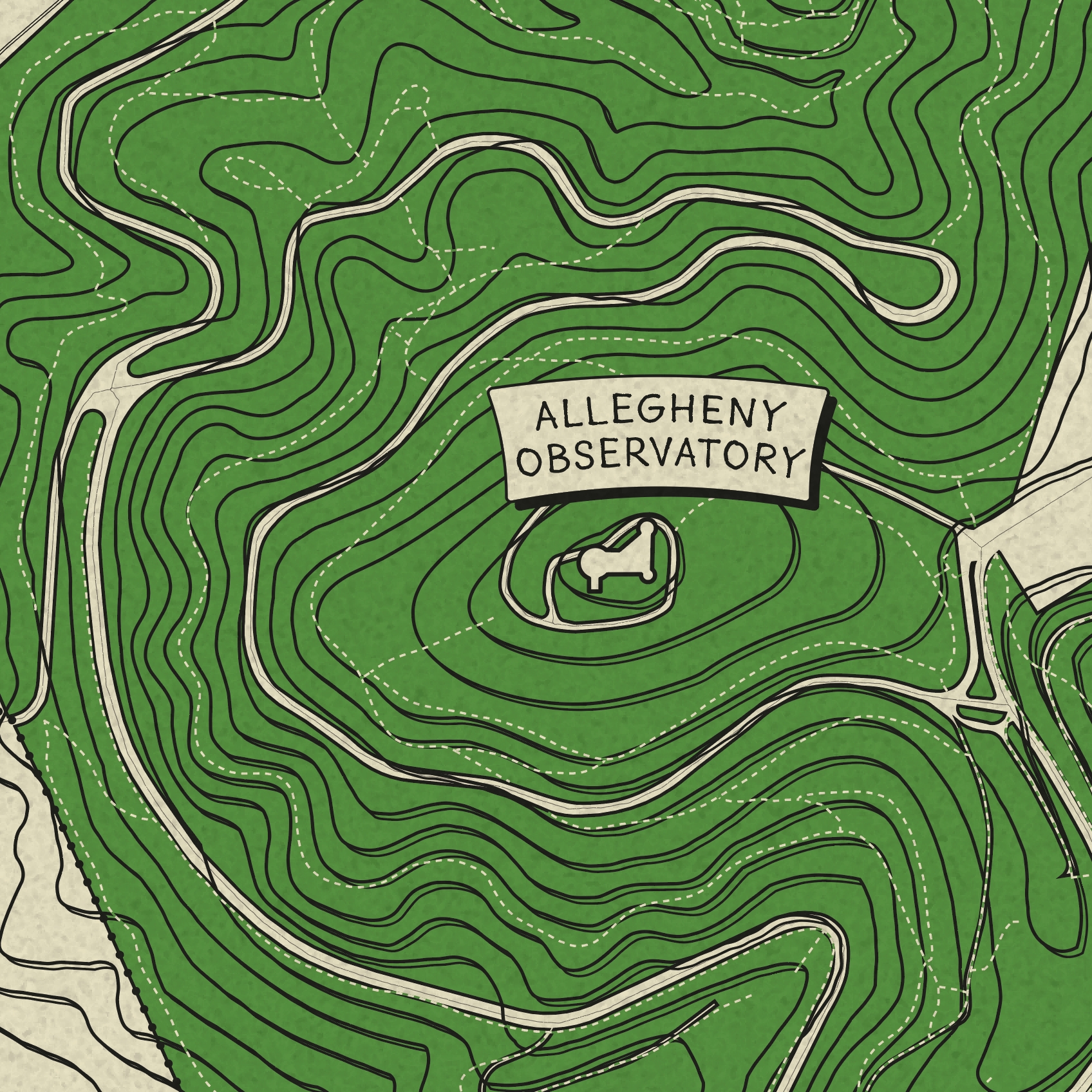 A stylized topographic map illustration featuring green contour lines, winding beige roads, and a label reading 'ALLEGHENY OBSERVATORY' near the center.