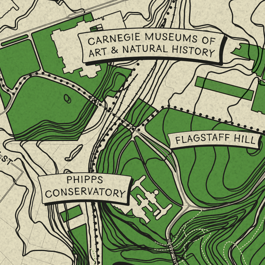 A stylized map graphic showing labeled areas including Carnegie Museums of Art & Natural History, Flagstaff Hill, and Phipps Conservatory on a cream background with green land shapes and black contour lines.
