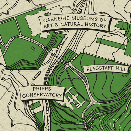 A stylized map graphic showing labeled areas including Carnegie Museums of Art & Natural History, Flagstaff Hill, and Phipps Conservatory on a cream background with green land shapes and black contour lines.