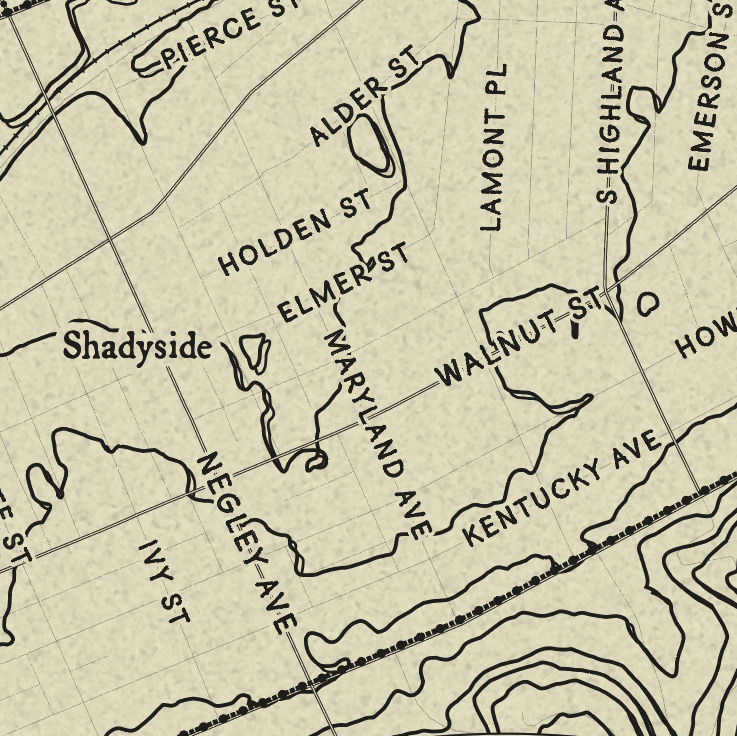 Vintage-style map print showing street names including Alder St, Holden St, Kentucky Ave, and Shadyside on a beige background with black linework and text.