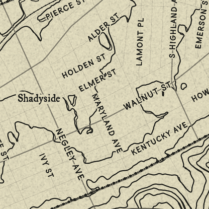 Vintage-style map print showing street names including Alder St, Holden St, Kentucky Ave, and Shadyside on a beige background with black linework and text.