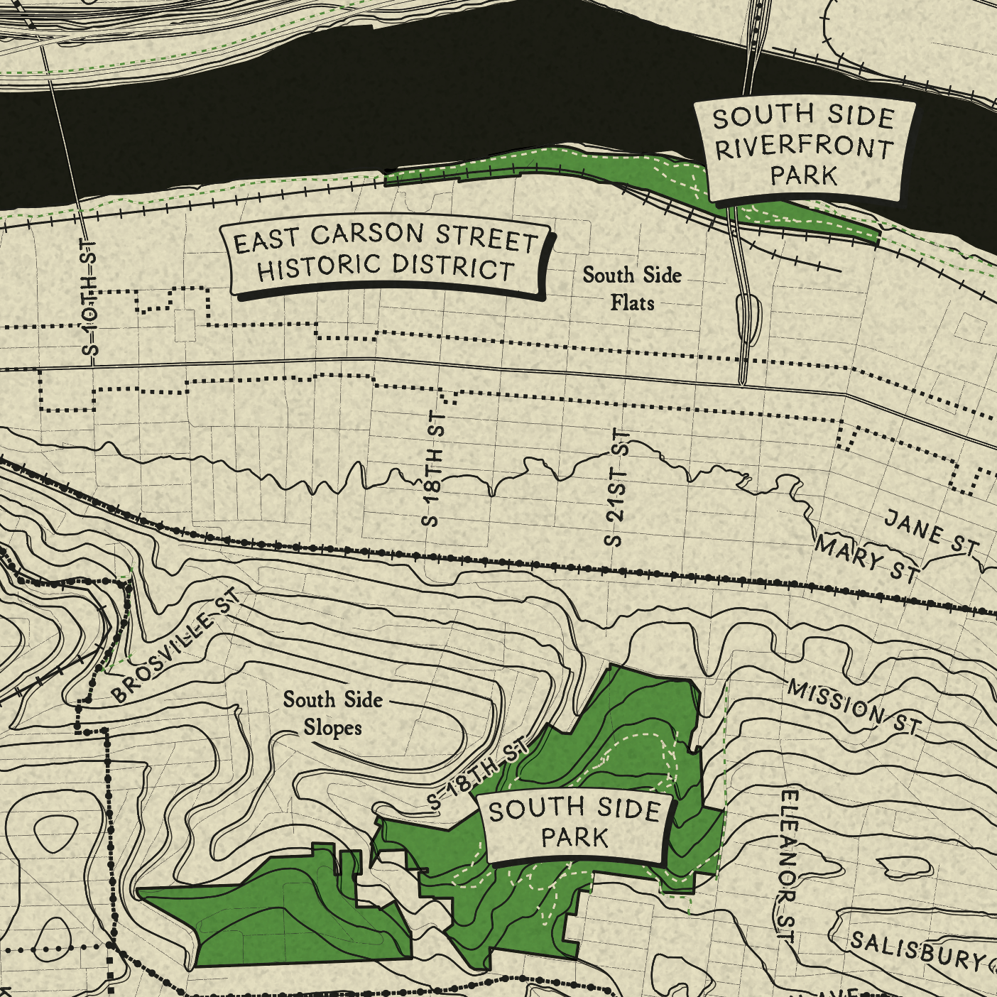 Vintage-style map print showing labeled streets and parks, including East Carson Street Historic District, South Side Riverfront Park, and South Side Park, with cream paper background and green highlighted areas.
