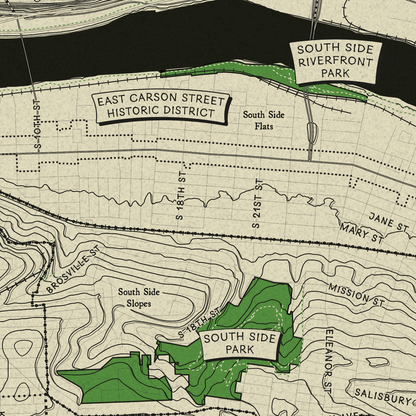 Vintage-style map print showing labeled streets and parks, including East Carson Street Historic District, South Side Riverfront Park, and South Side Park, with cream paper background and green highlighted areas.
