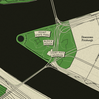 A stylized map graphic showing Point State Park in Pittsburgh, with green land areas, road lines, labels for Block House and Fort Pitt Museum, and surrounding streets and downtown area.